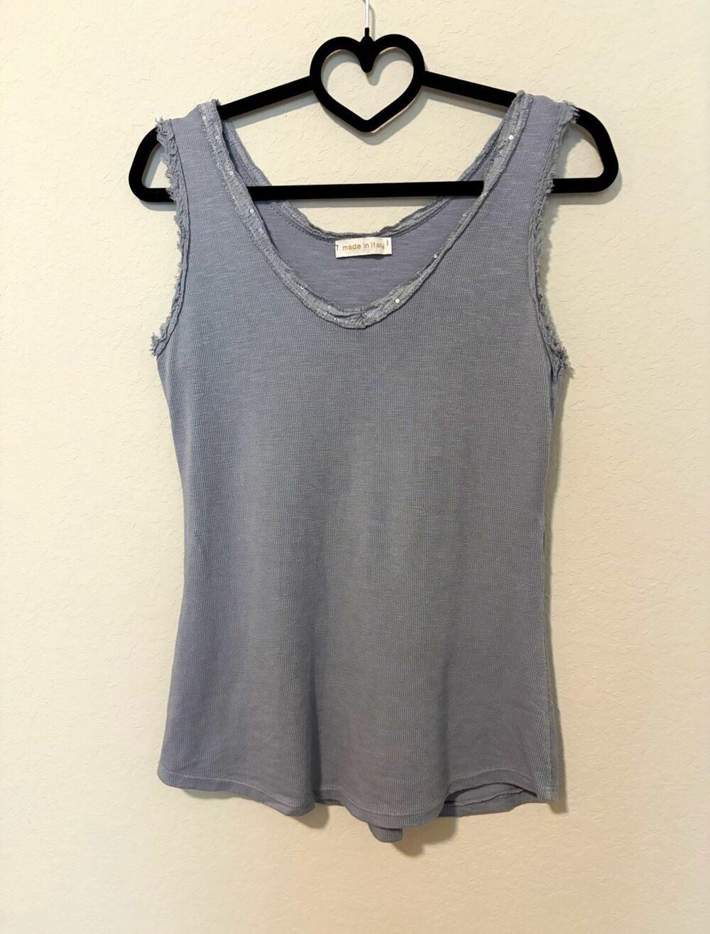 Women’s Gray Solid Knit V-Neck Sleeveless Cotton Tank Top Sequin Fringe Trim M